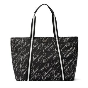 Victoria's Secret Black White VS Logo Cotton Canvas Weekender Tote Bag XL NEW
